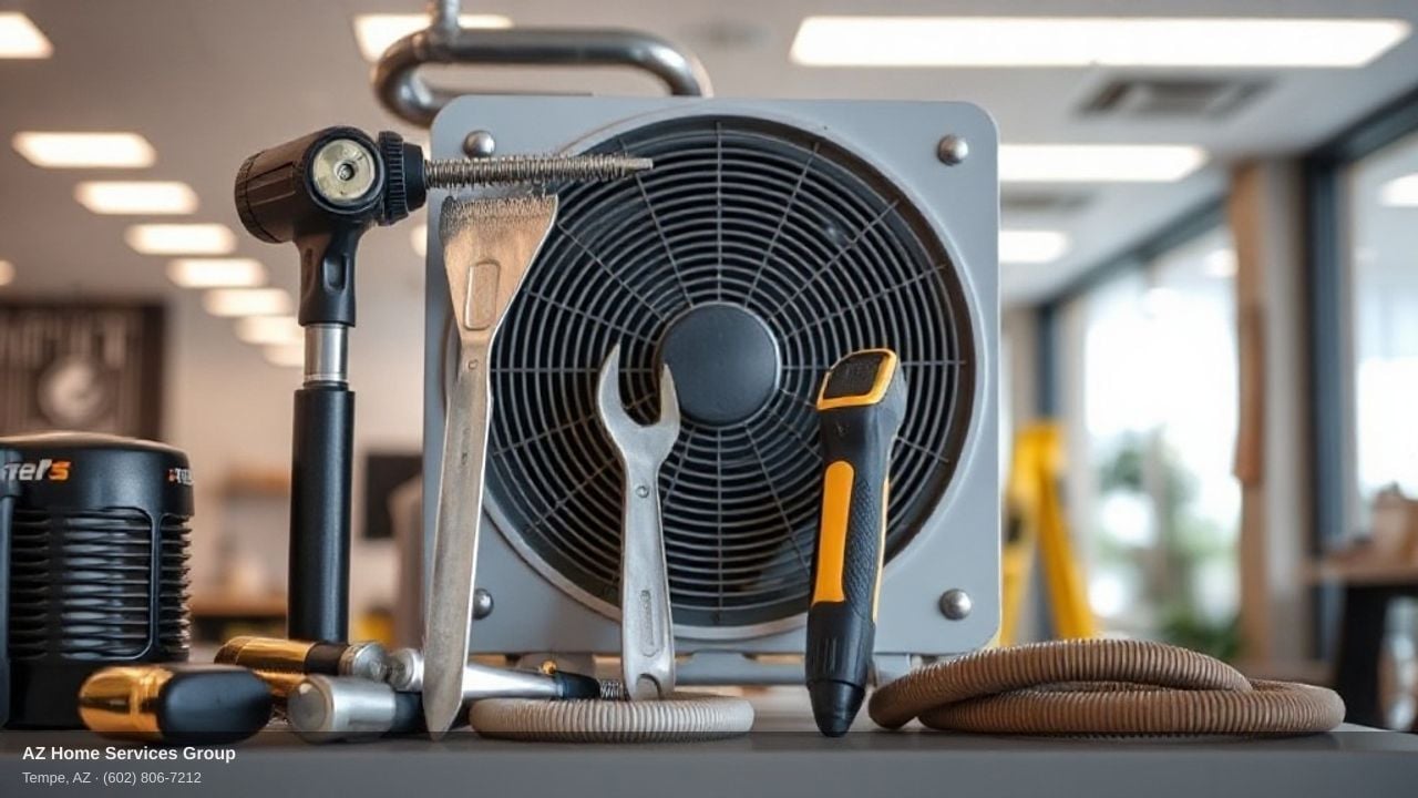 HVAC repair tools including digital multimeter, manifold gauge set, and refrigerant leak detector used by Arizona HVAC technicians